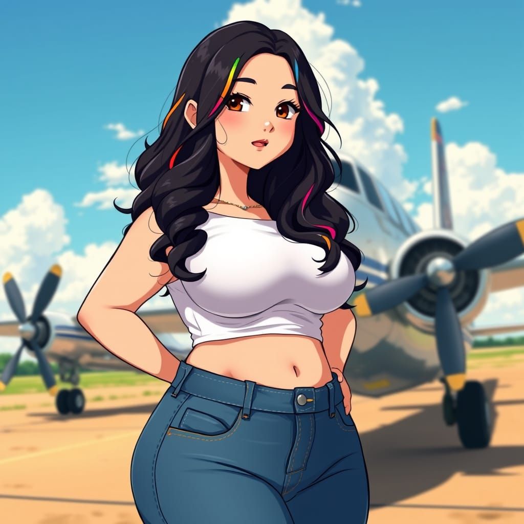 Charming Anime Girl at Vintage Airfield