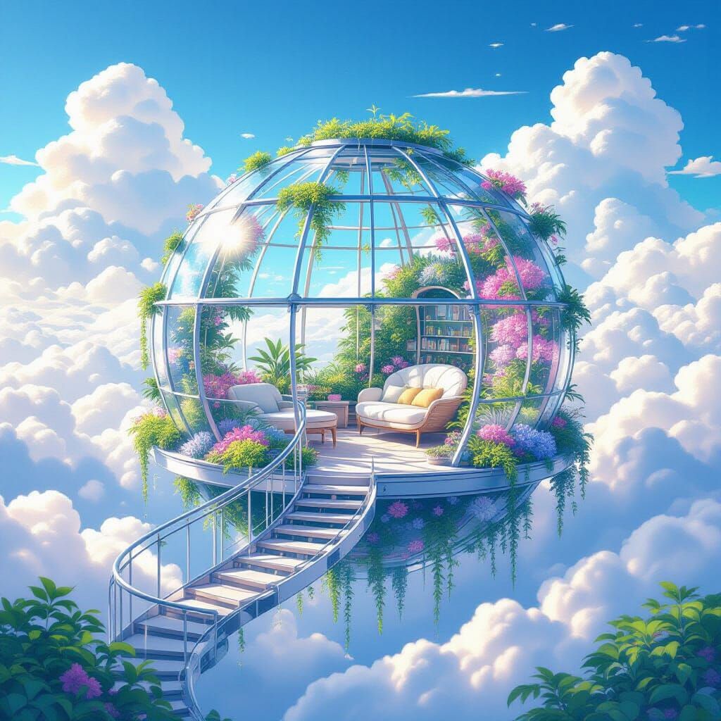 Futuristic Floating Greenhouse with Bioluminescent Flora