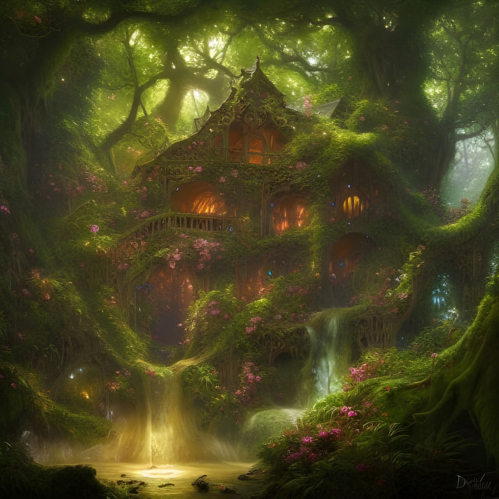 Magical Forest Library Painting with Pixies