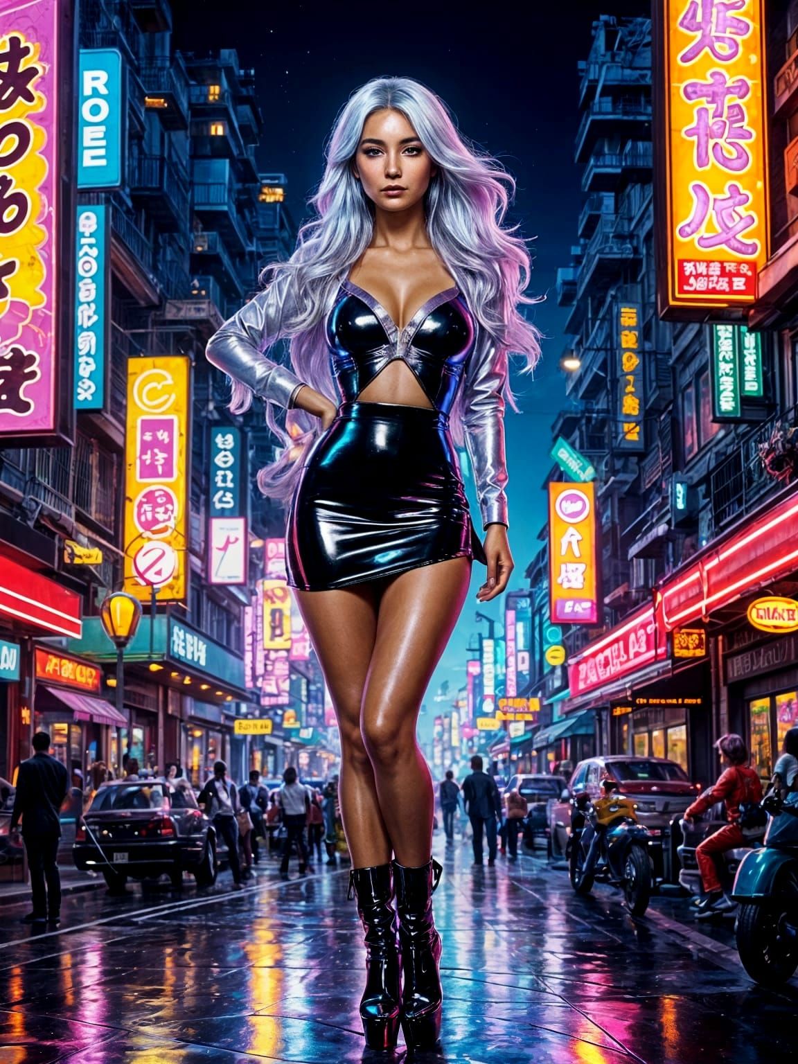 Supermodel on Neon Street in 80s Pop Art Style
