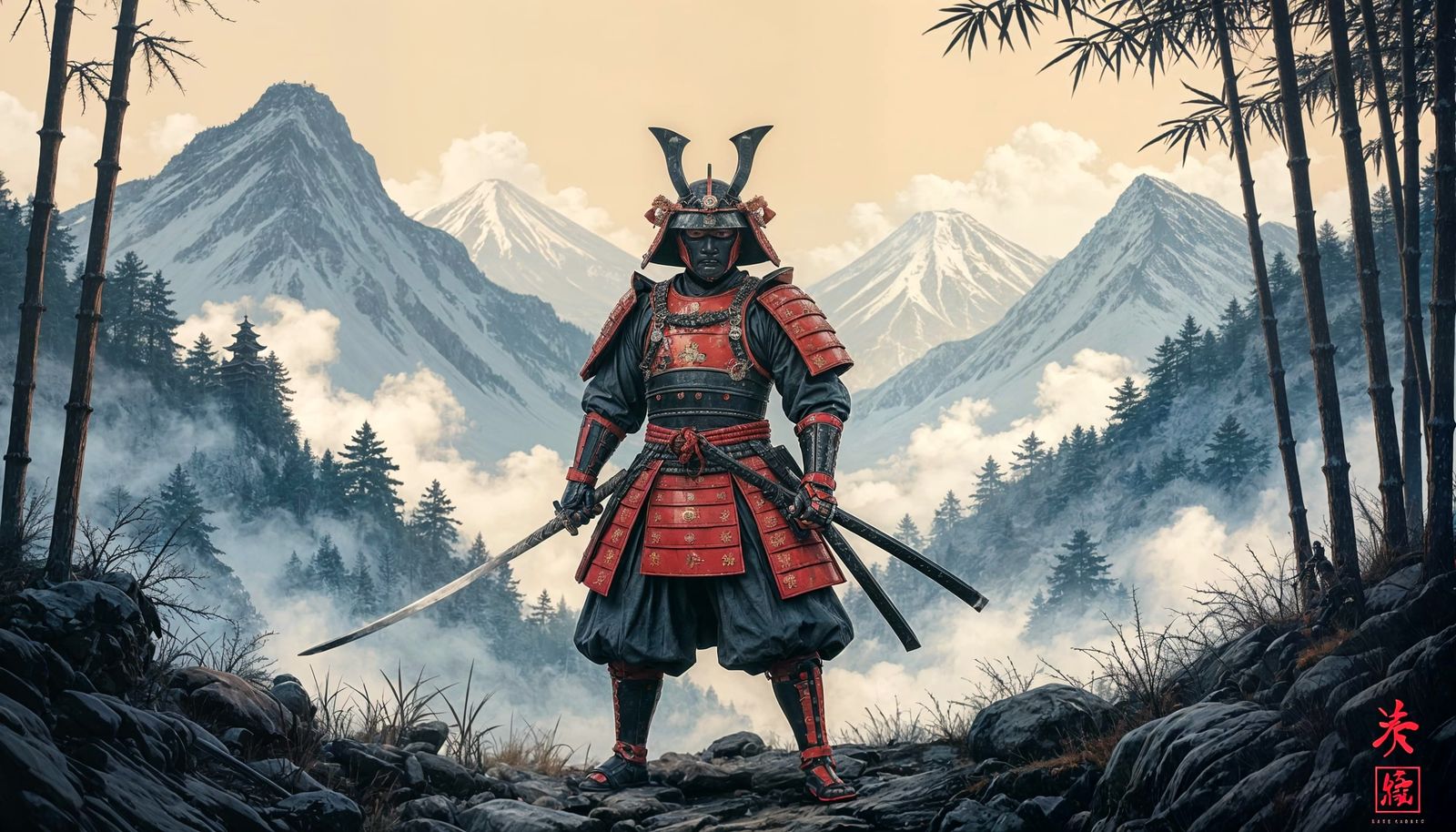 Samurai in Full Armor in Japanese Mountains