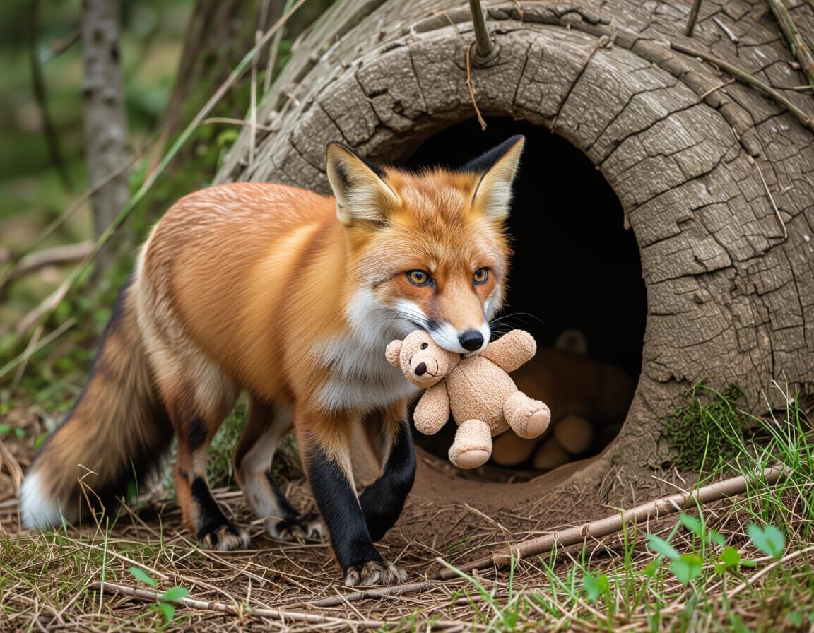 Vixen Carries Teddy Bear Through Forest to Den