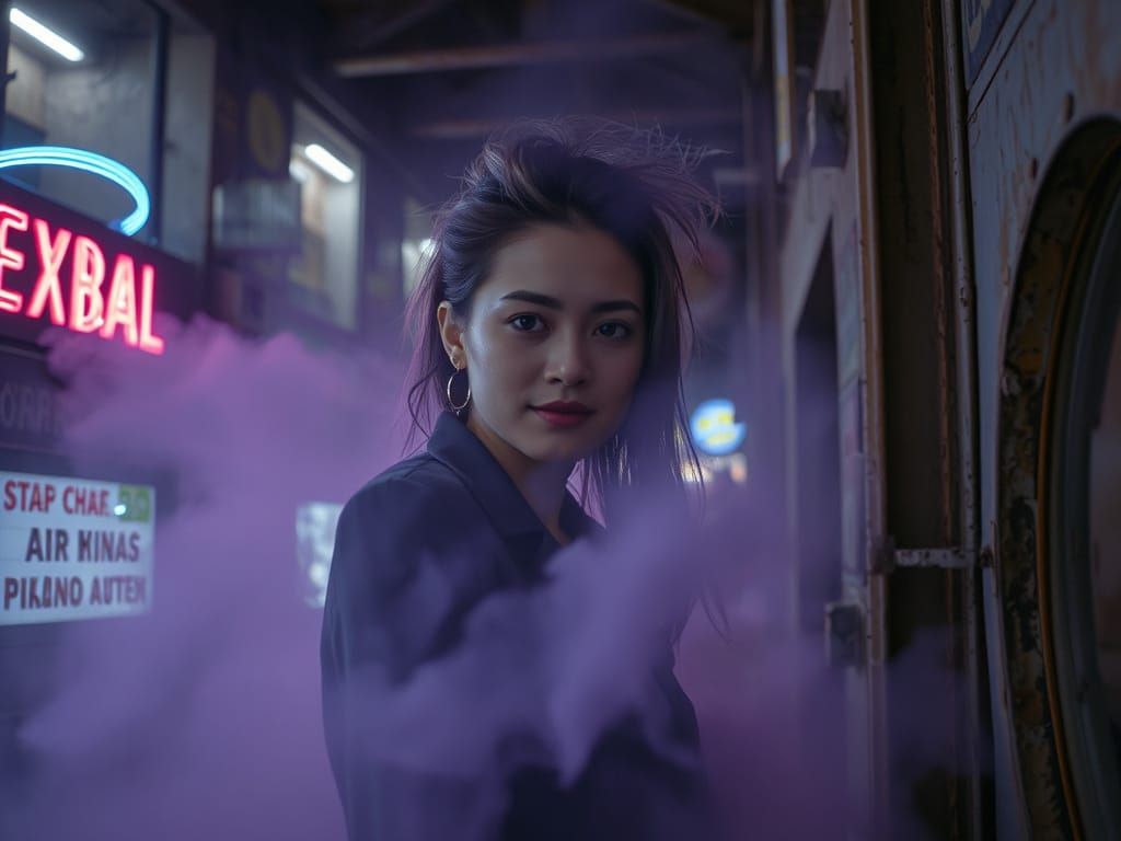 Woman as Turbulent Grays and Purples in Desolate Scene