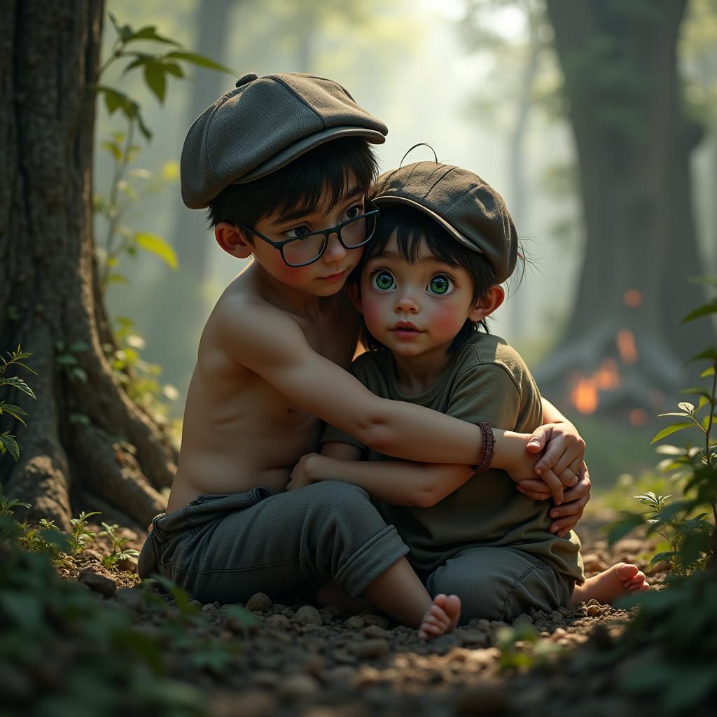 Boy Shelters Sister Amidst Explosions in Dark Fantasy Style