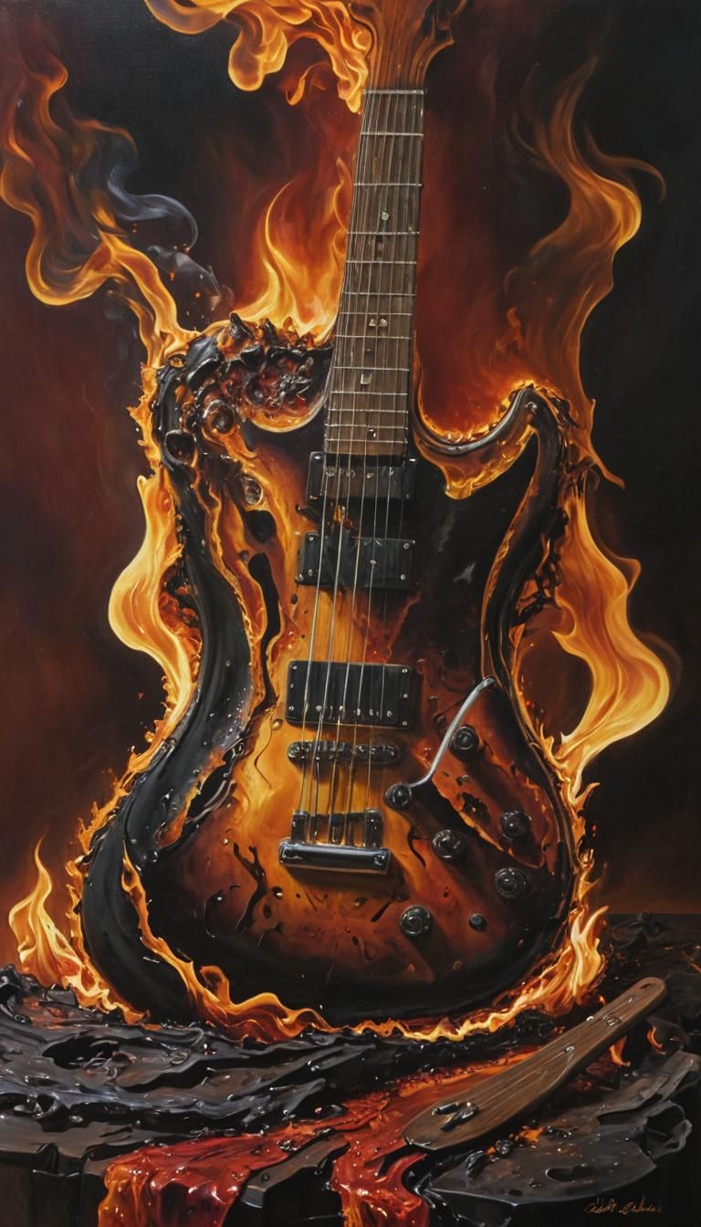 Burning Guitar in Fiery Surrealist Oil Painting