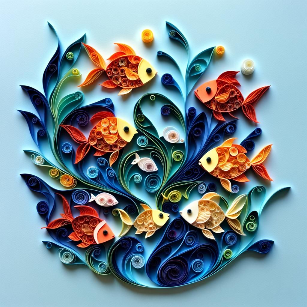 Intricate Quilled Fish with Seaweed and Bubbles