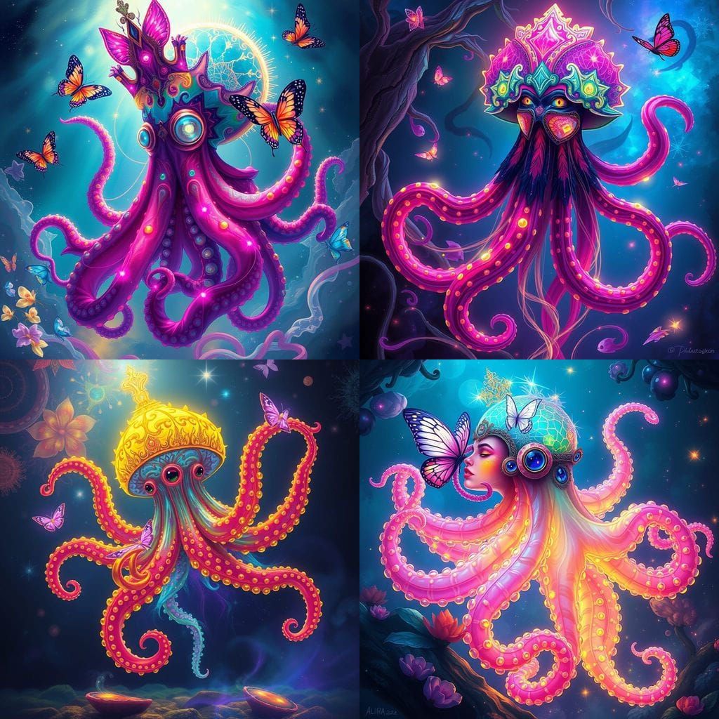 Glowing Neon Galactic Rebel Jellyfish Octopus Queen in Vibra...