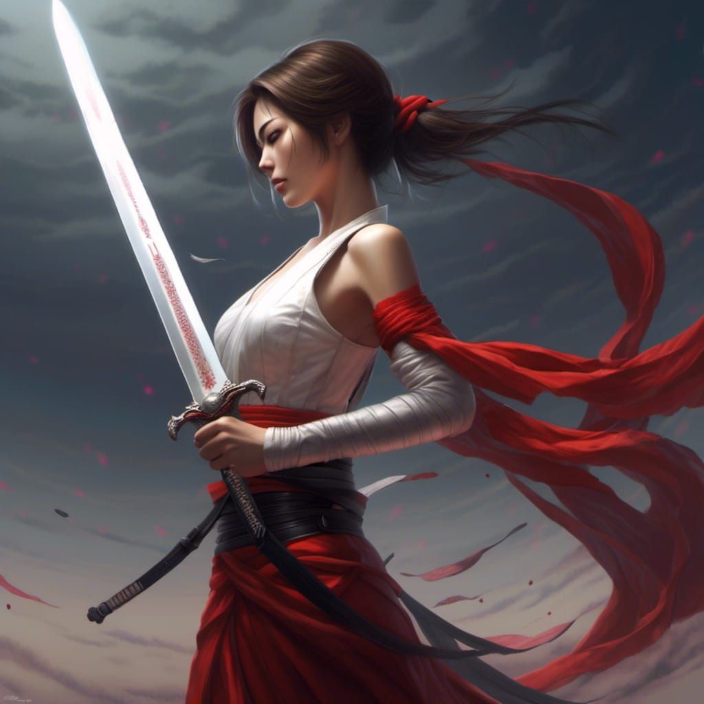 Female Warrior in Hanbok Dress with Sword