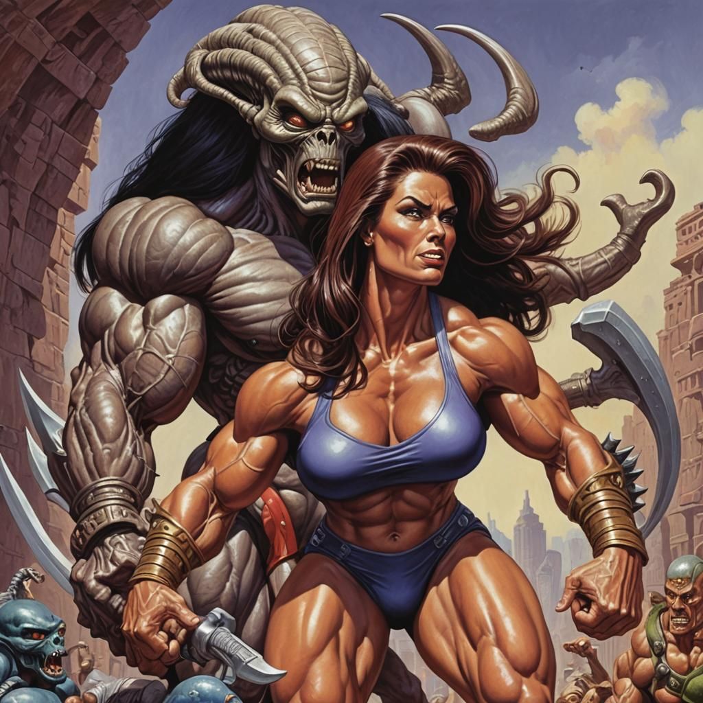 Giant Alien Female Bodybuilders in Comic Book Style