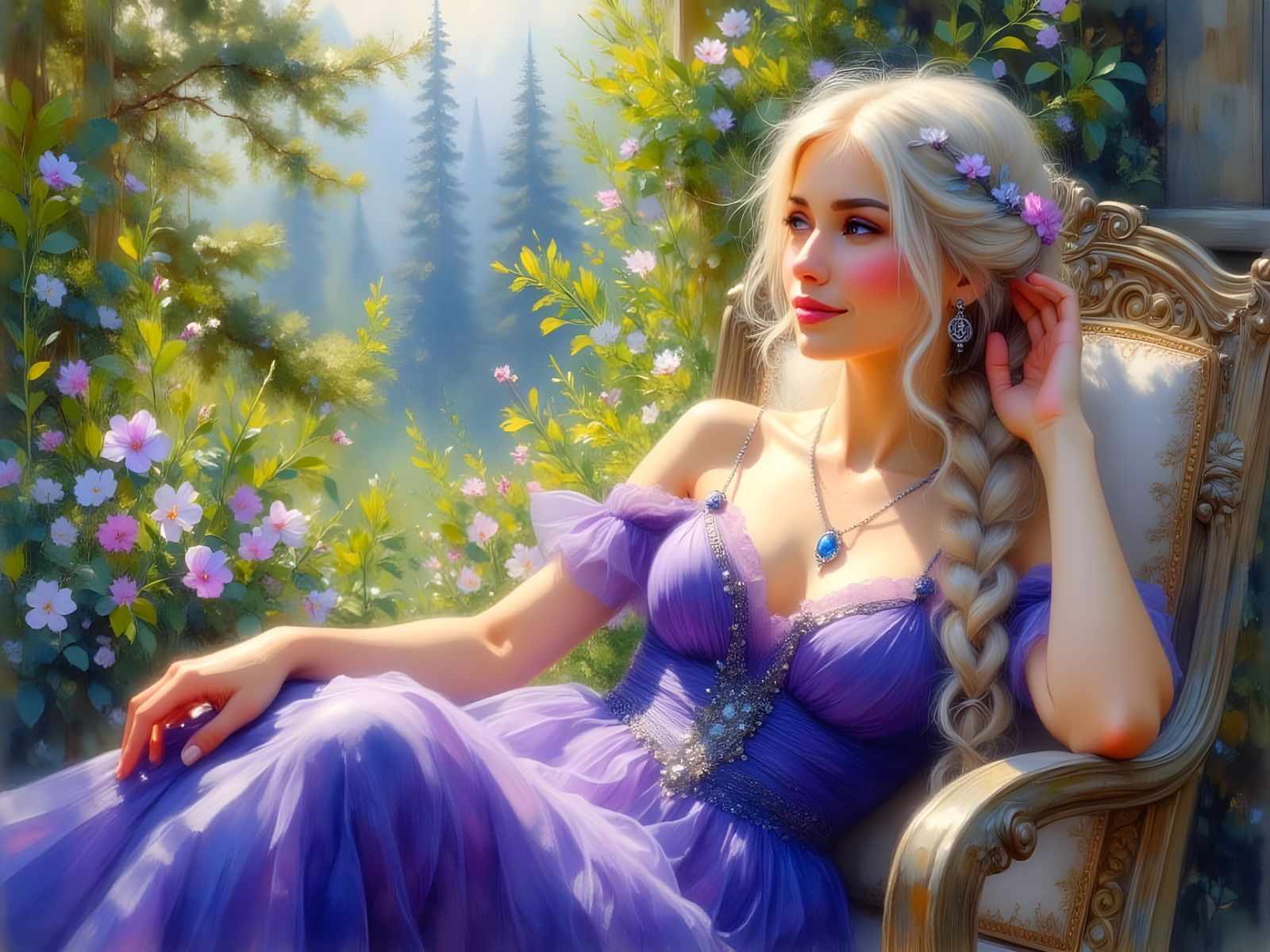 Norse Goddess Reclining on Veranda in Spring Morning Light