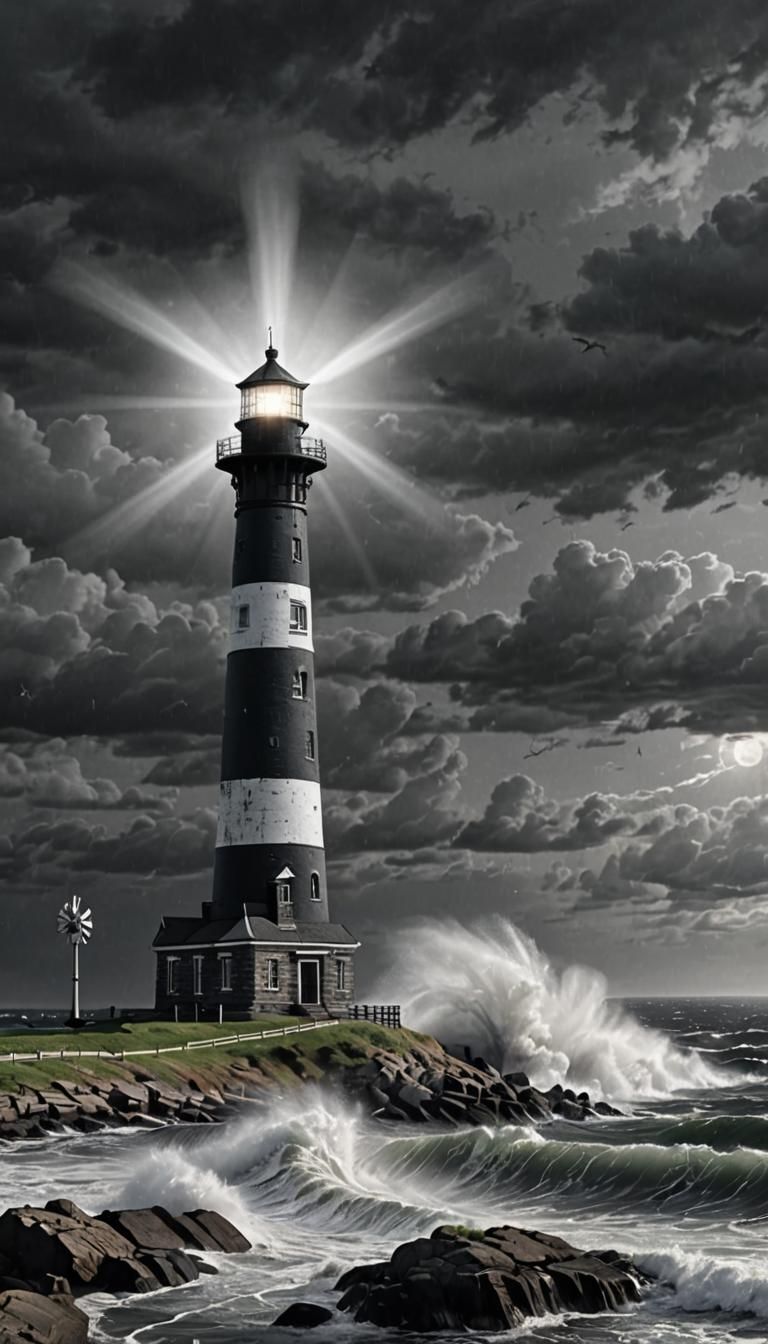 Coastal Lighthouse and Windmill in Dramatic Lighting