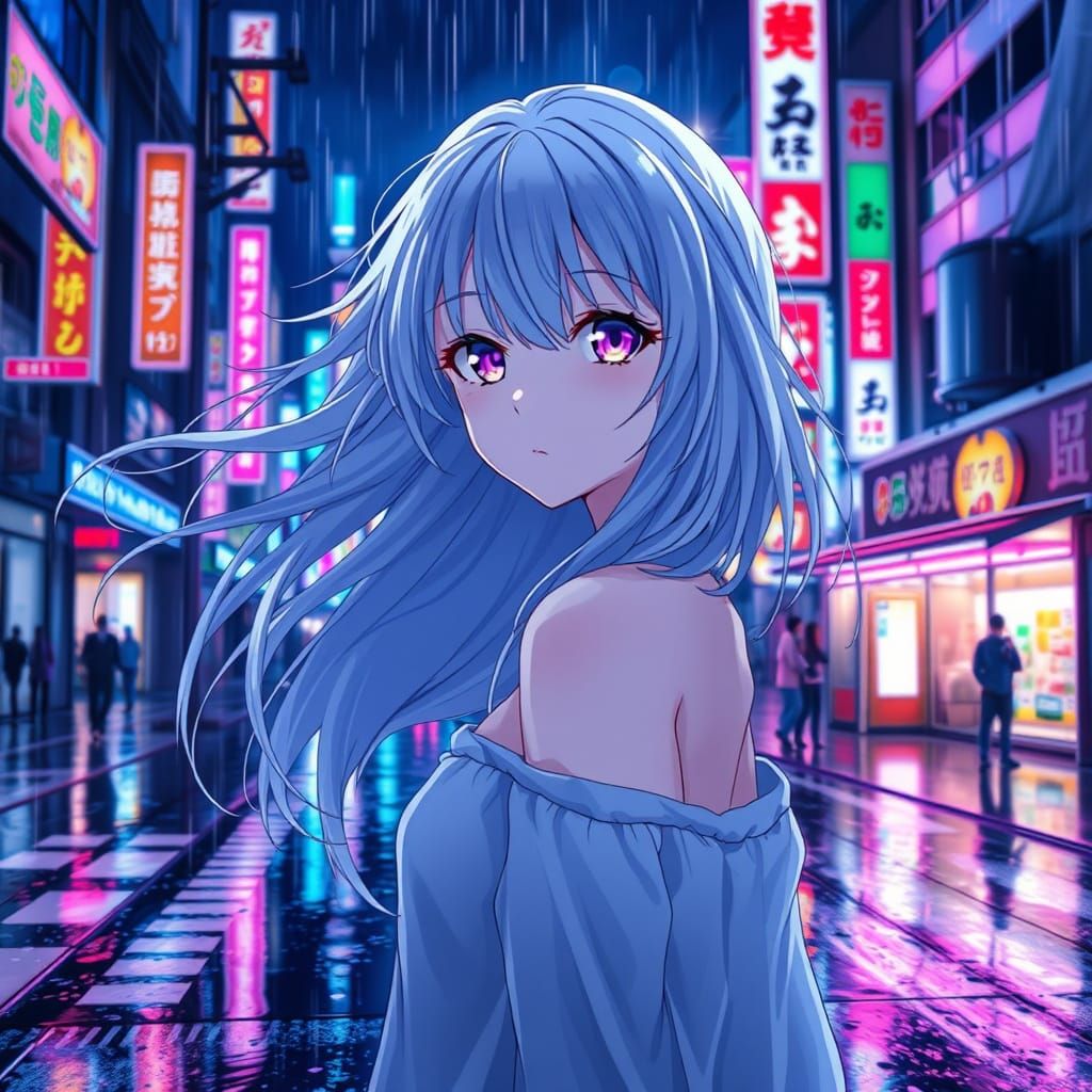 a beautiful anime girl with long silver hair and glowing pur...