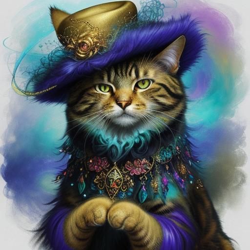 Magic Cat in Hat, Expressive Whimsical Illustration