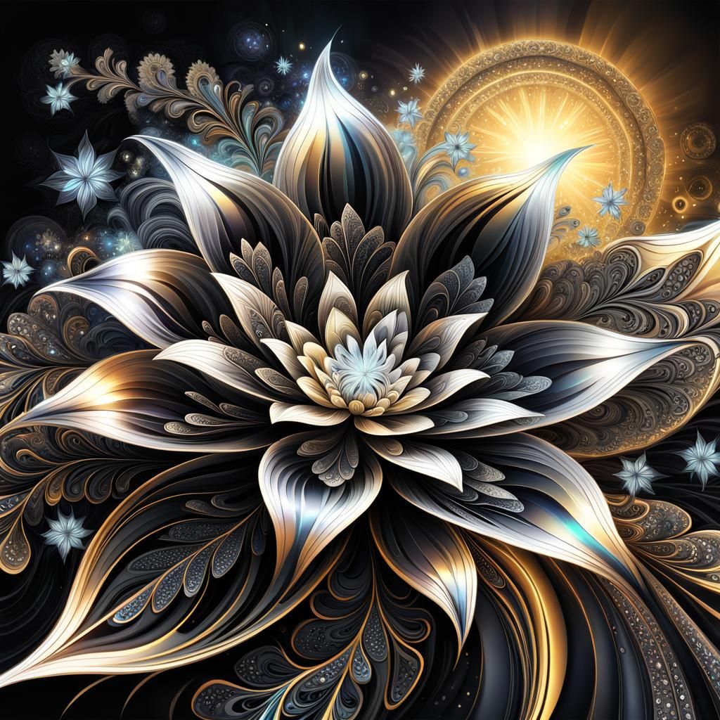 Black Fractal Flower with Silver Glitter, Digital Art