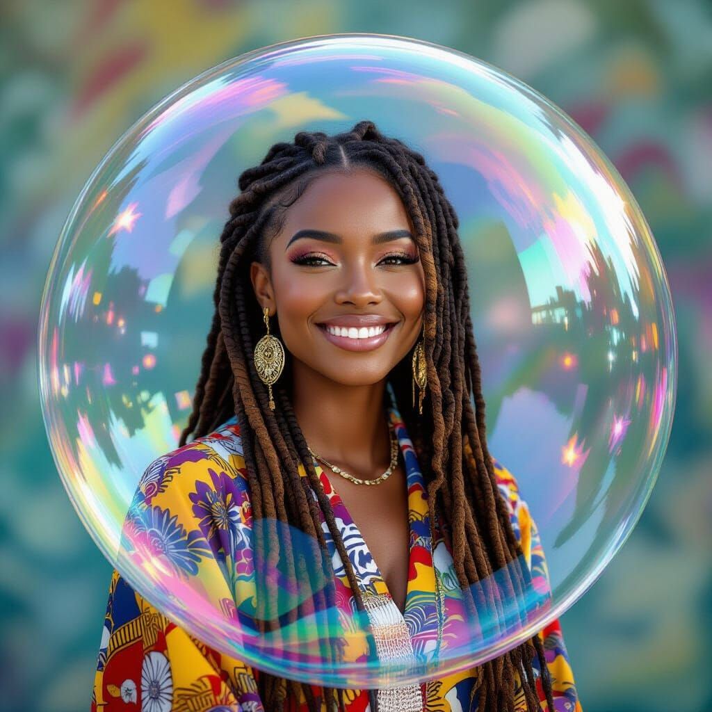 Smiling Woman in Bubble with Abstract Afro-Centric Style