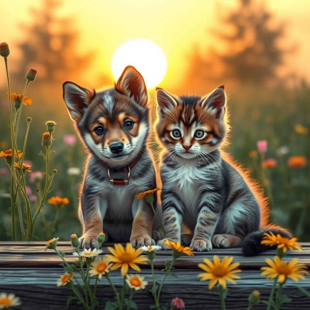 Wolf Puppy and Kitten Share Sunset on Wooden Bench