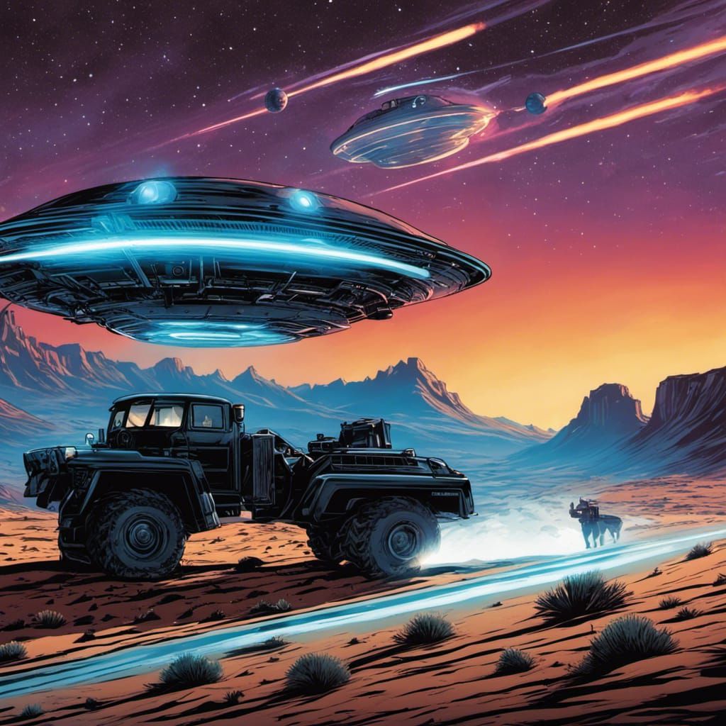 UFO Tractor Beam Over Desert, Comic Book Art