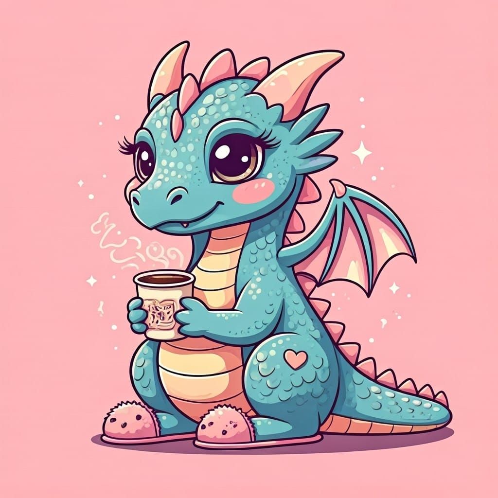 Kawaii Dragon with Rainbow Scales and Coffee