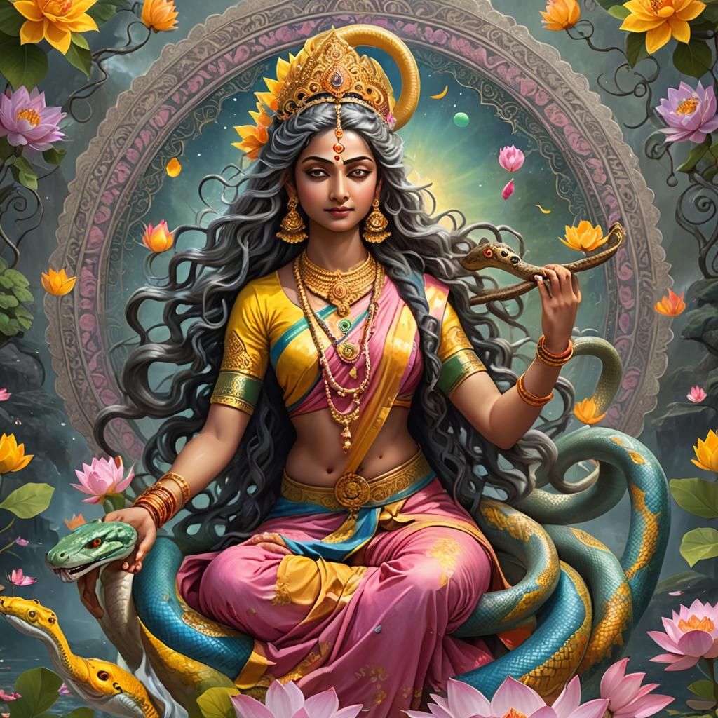 Hindu Goddess with Sitar in Cosmic Landscape