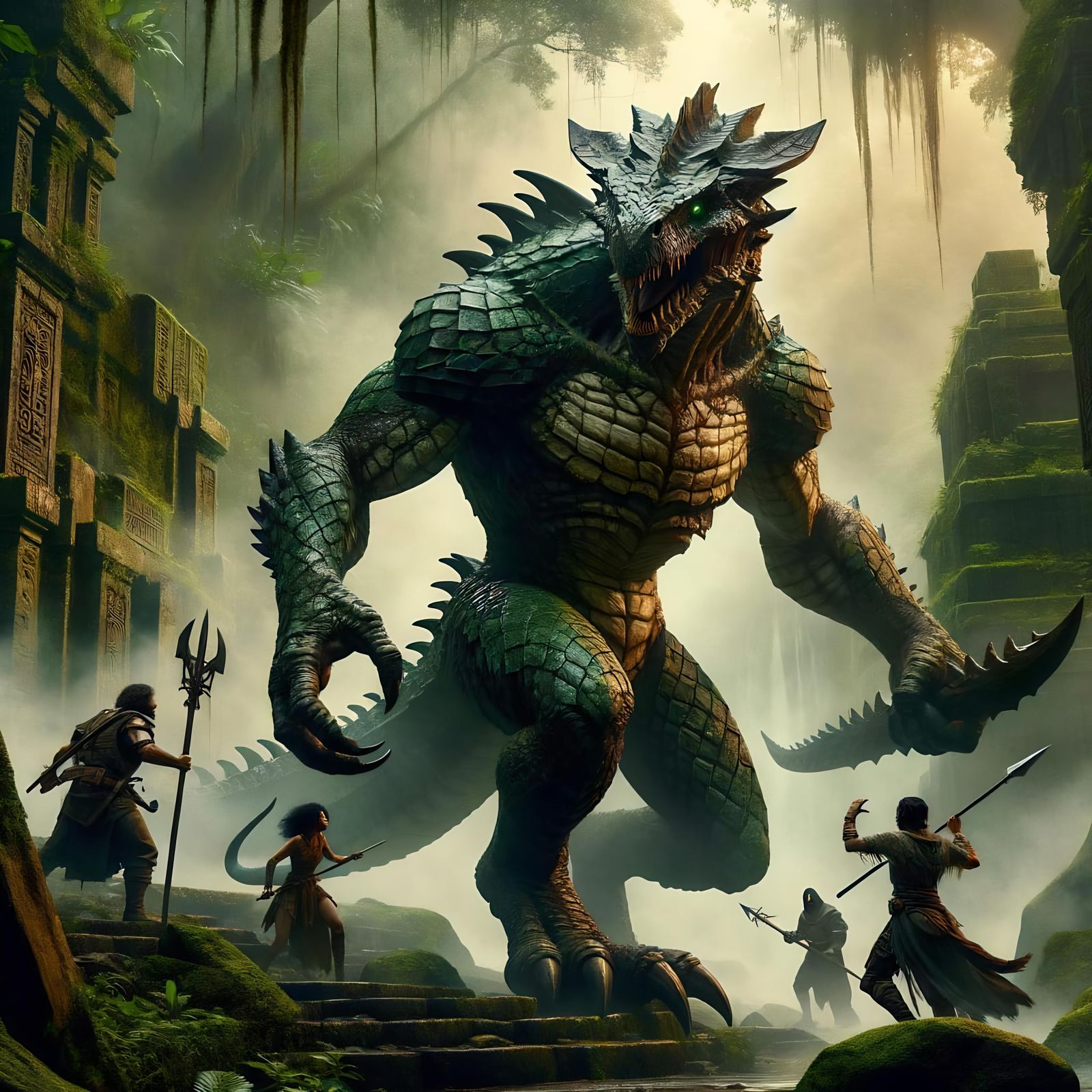 Dracotaur Confronts Adventurers in Ancient Jungle Ruins