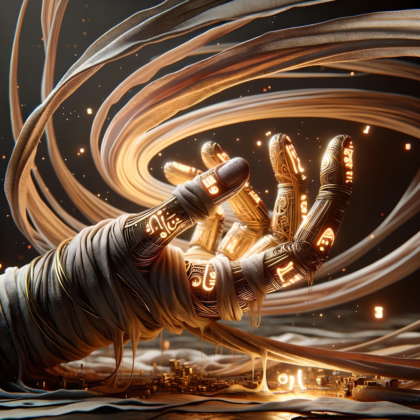 Glowing Hieroglyphs on Linen-Wrapped Hand in 16k