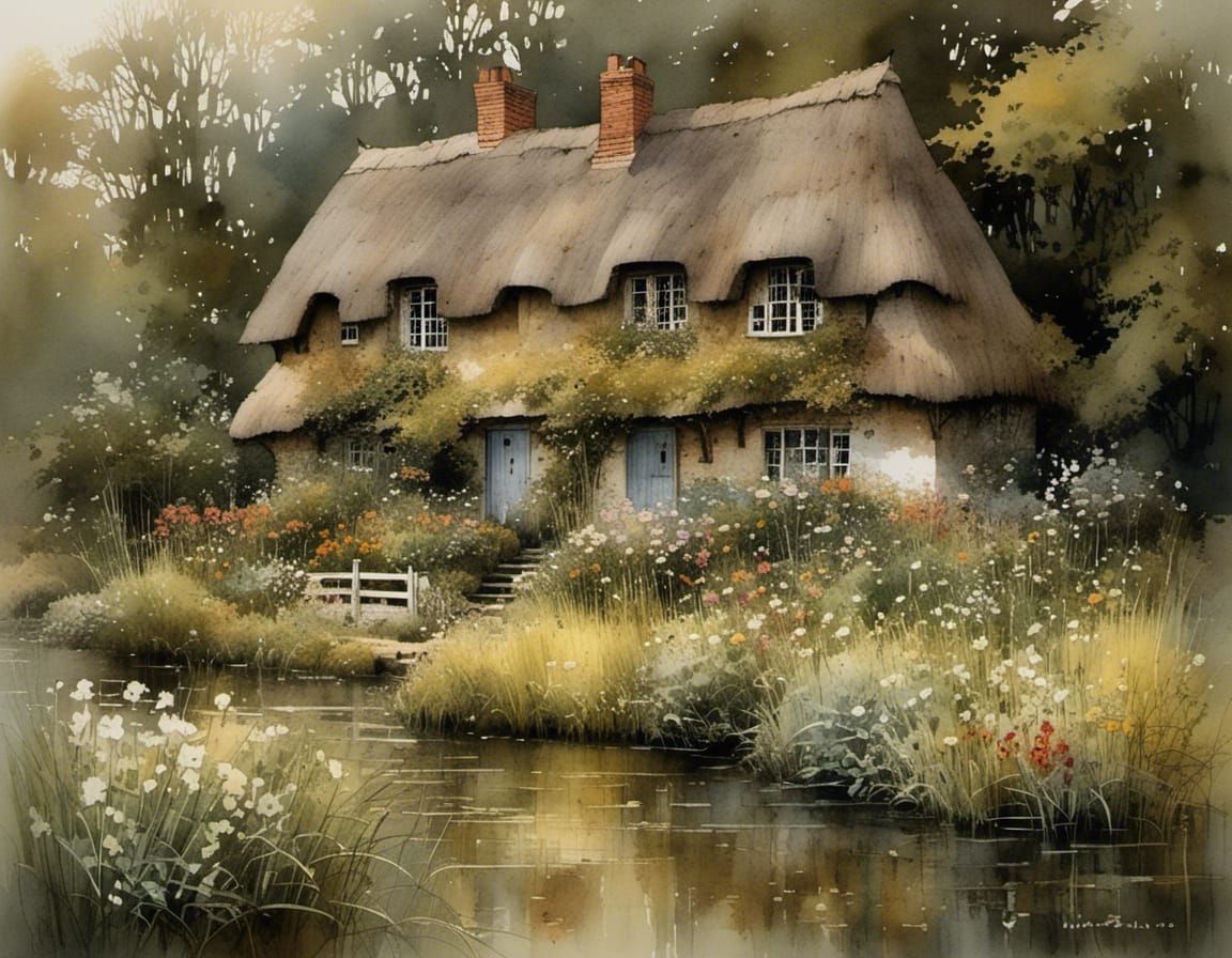 Cozy North Frisian Thatched Roof House Amidst Vibrant Spring...