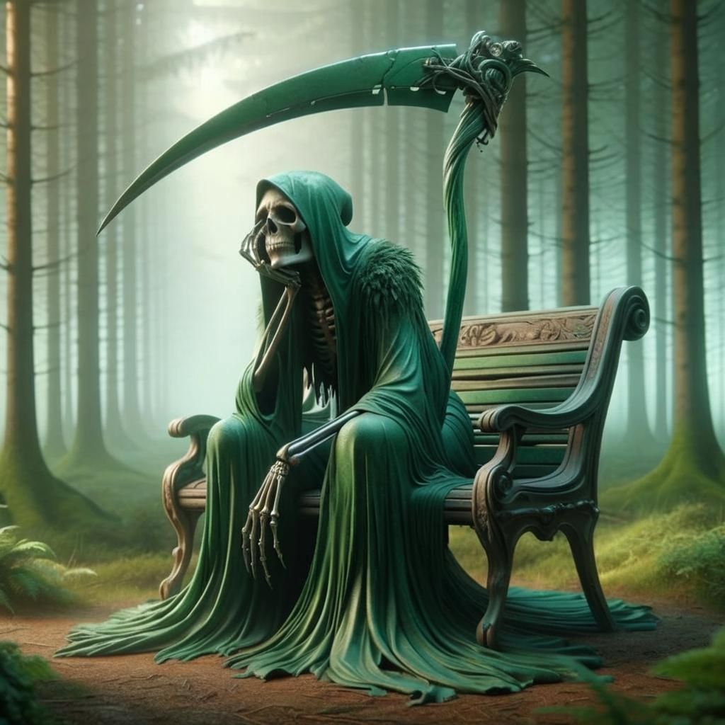 Green Reaper Embodies Boredom in Misty Forest