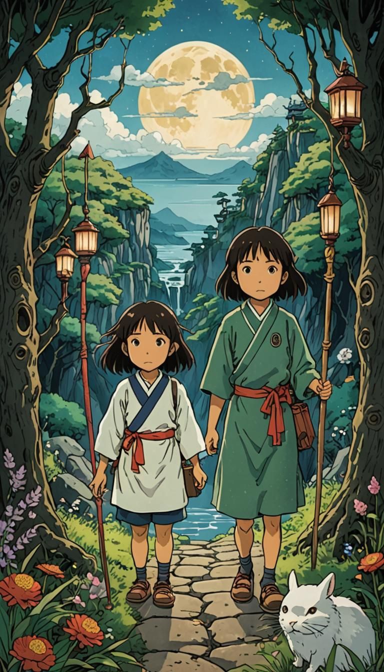 Two of Wands Tarot in Ghibli Style