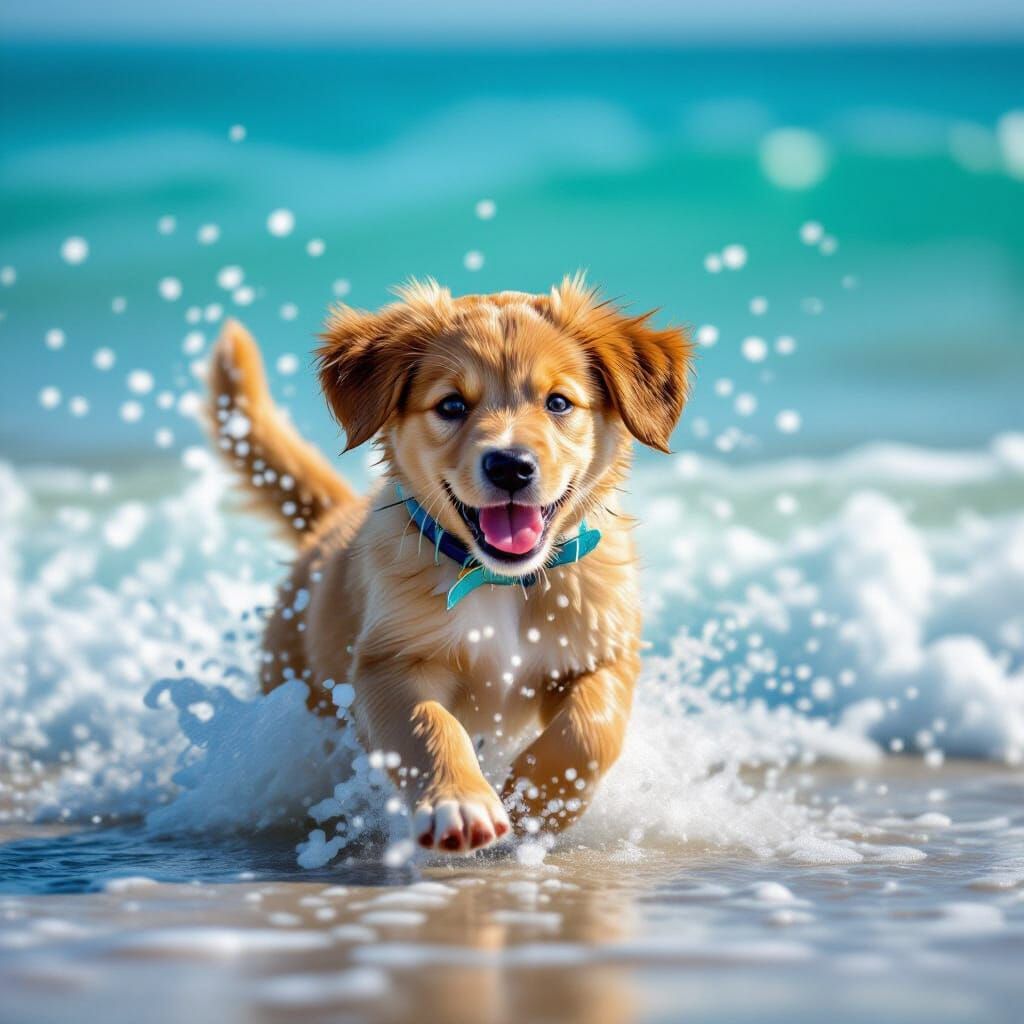 Puppy's Summer Fun: Splashing in Ocean Waves