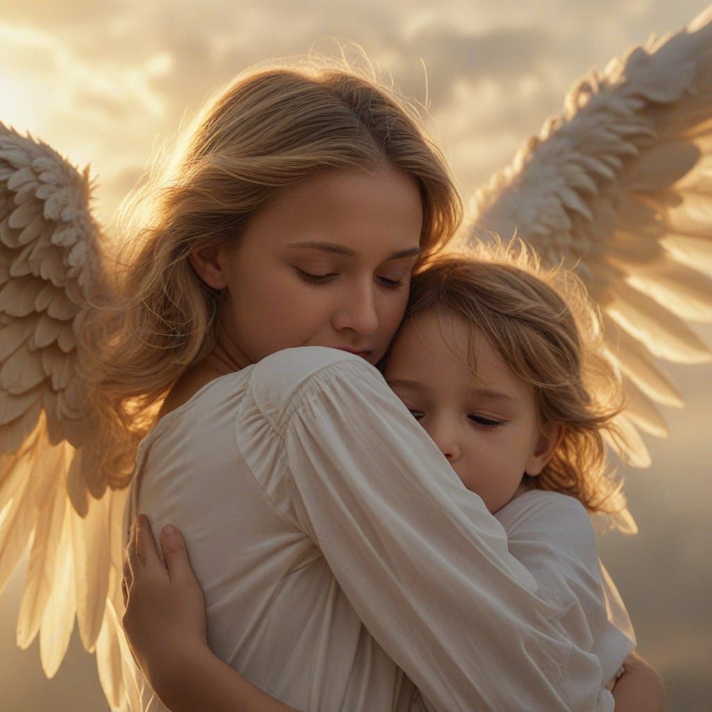 Guardian Angel Embracing Child in Golden Light