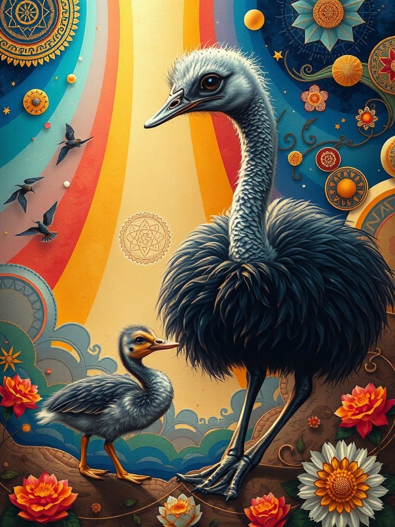 Ostrich and Duckling in Dreamlike Surrealism