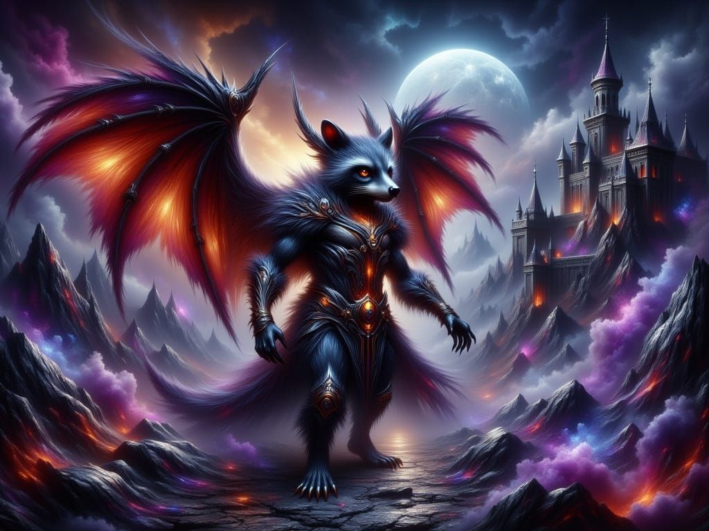 Dark Fantasy Racoon Dragon Hybrid in Mystical Castle Courtya...