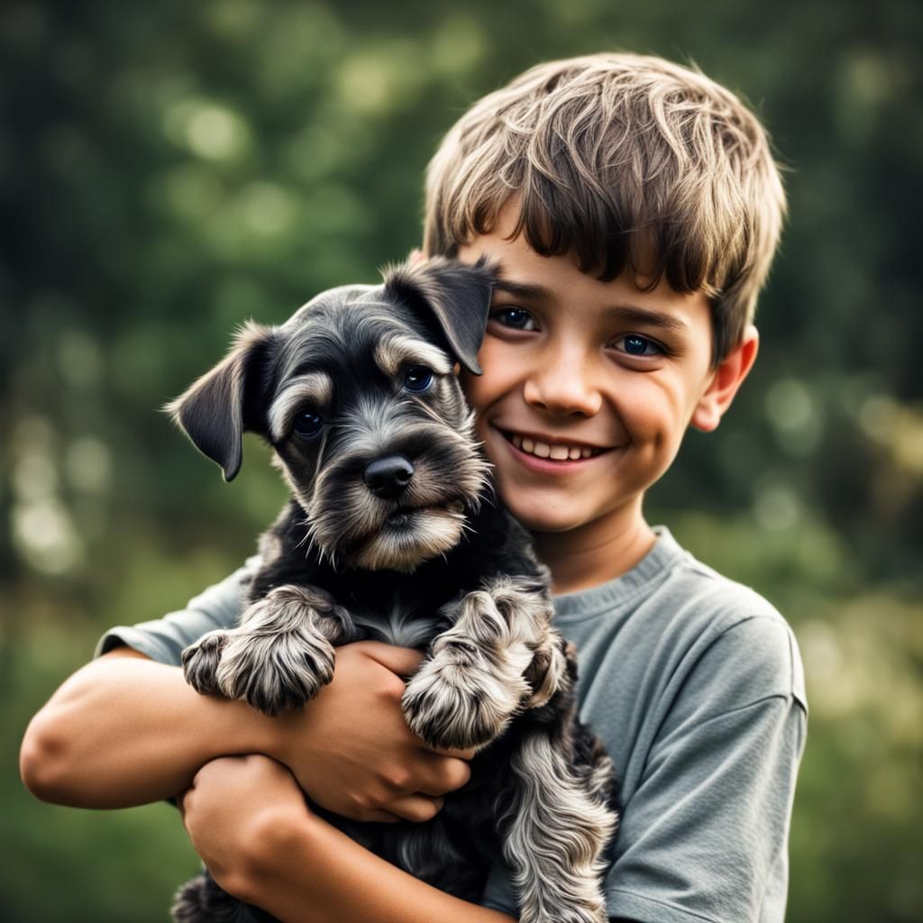 Happy Boy and Schnauzer Puppy in Summer