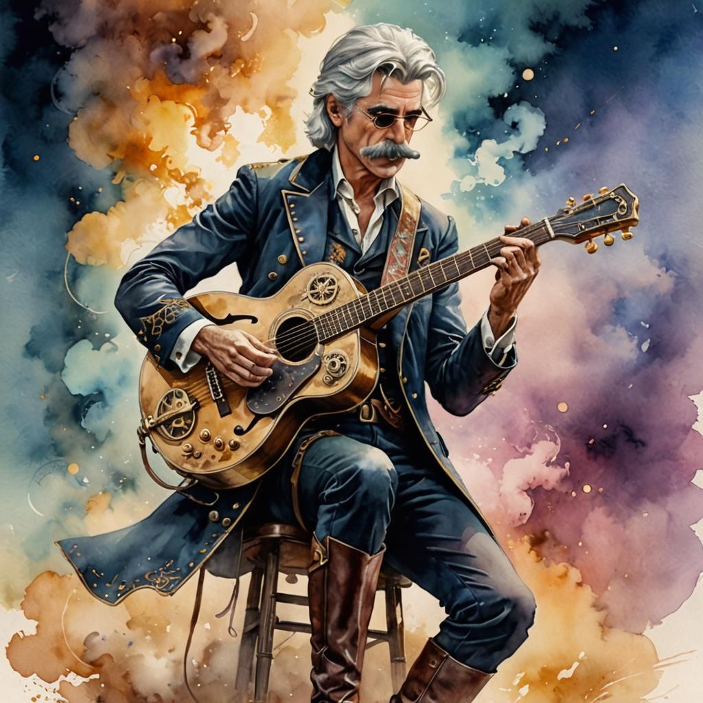 Steampunk Musician Playing Steam-Powered Guitar as Watercolo...