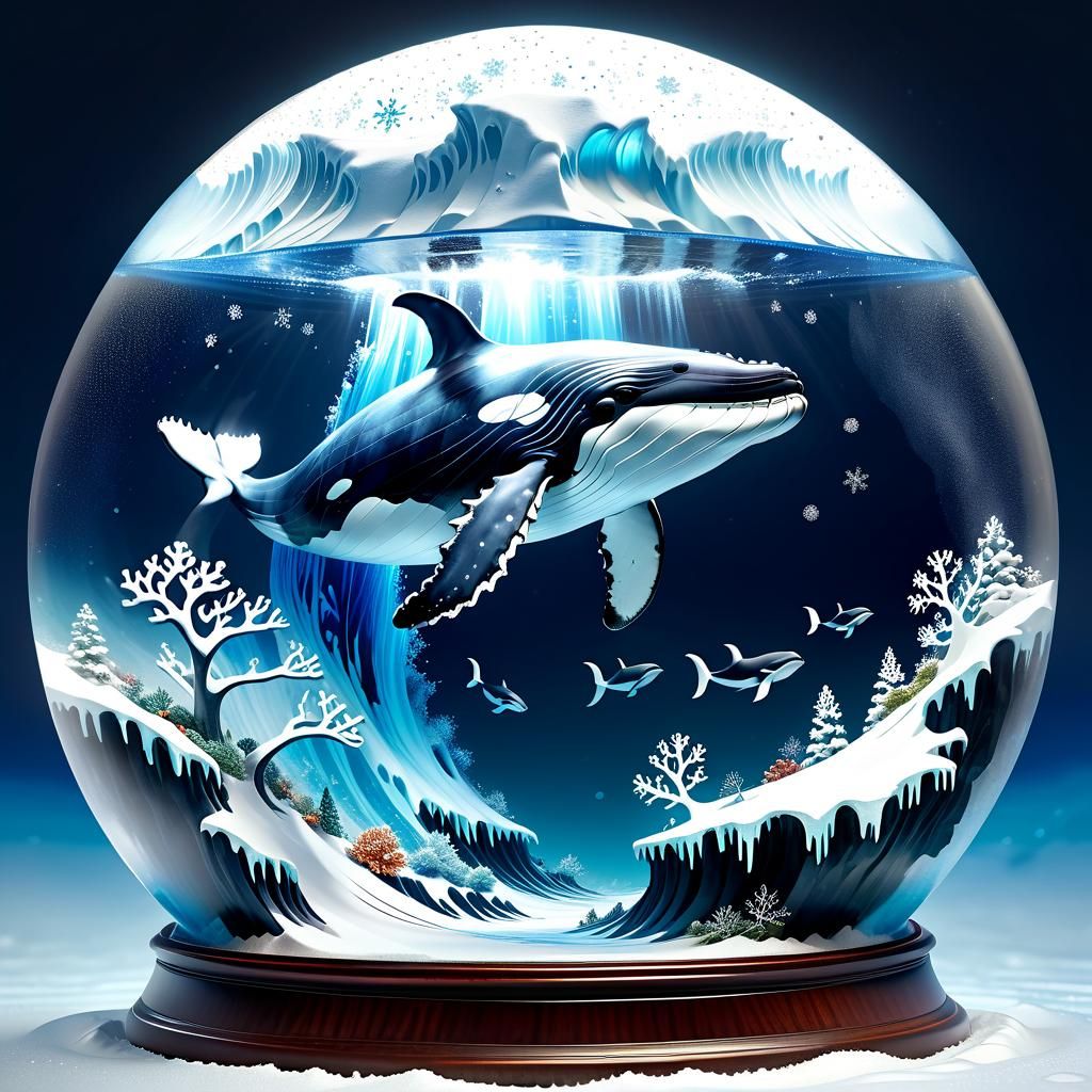 Beautiful Diorama inside a snow globe:  a humpback whale, shooting snow flakes out of its blow hole :: frozen underwater...
