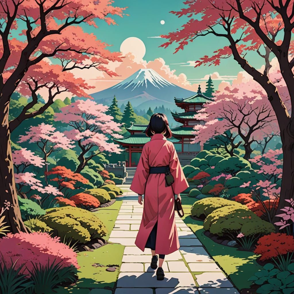 Dreamlike Japanese Garden in Vibrant Pastel Hues