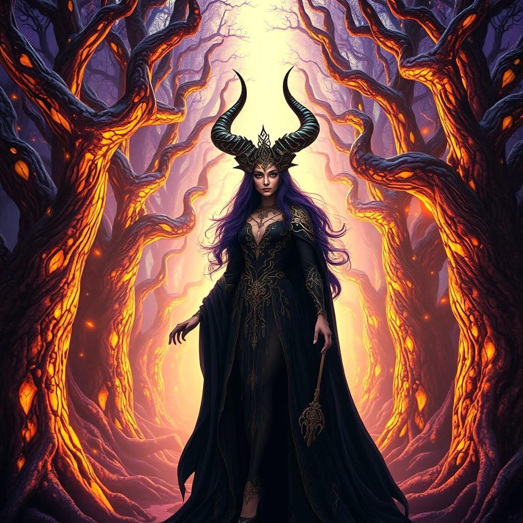 Witch Awakens Amidst Vibrant Trees in Dark Fantasy Art