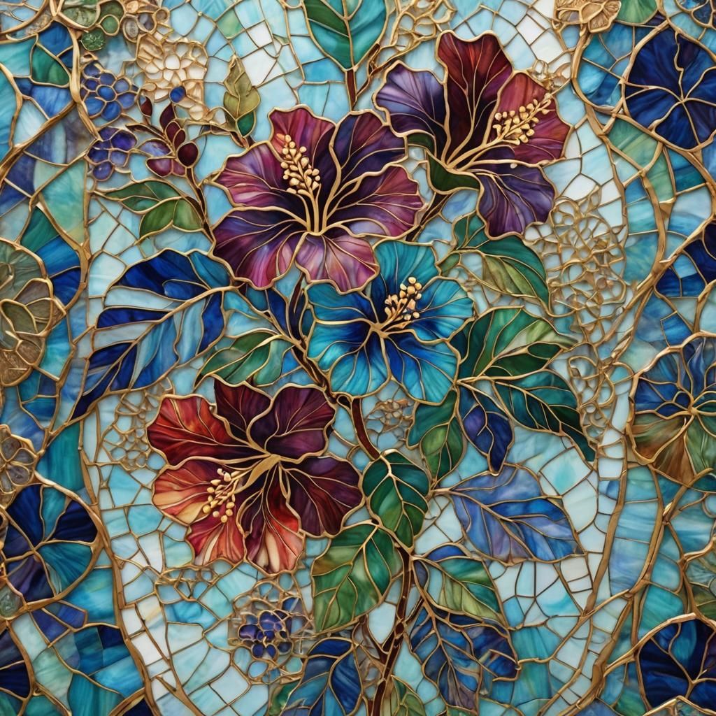 Hibiscus Batik Fabric with Stained Glass and Mosaic