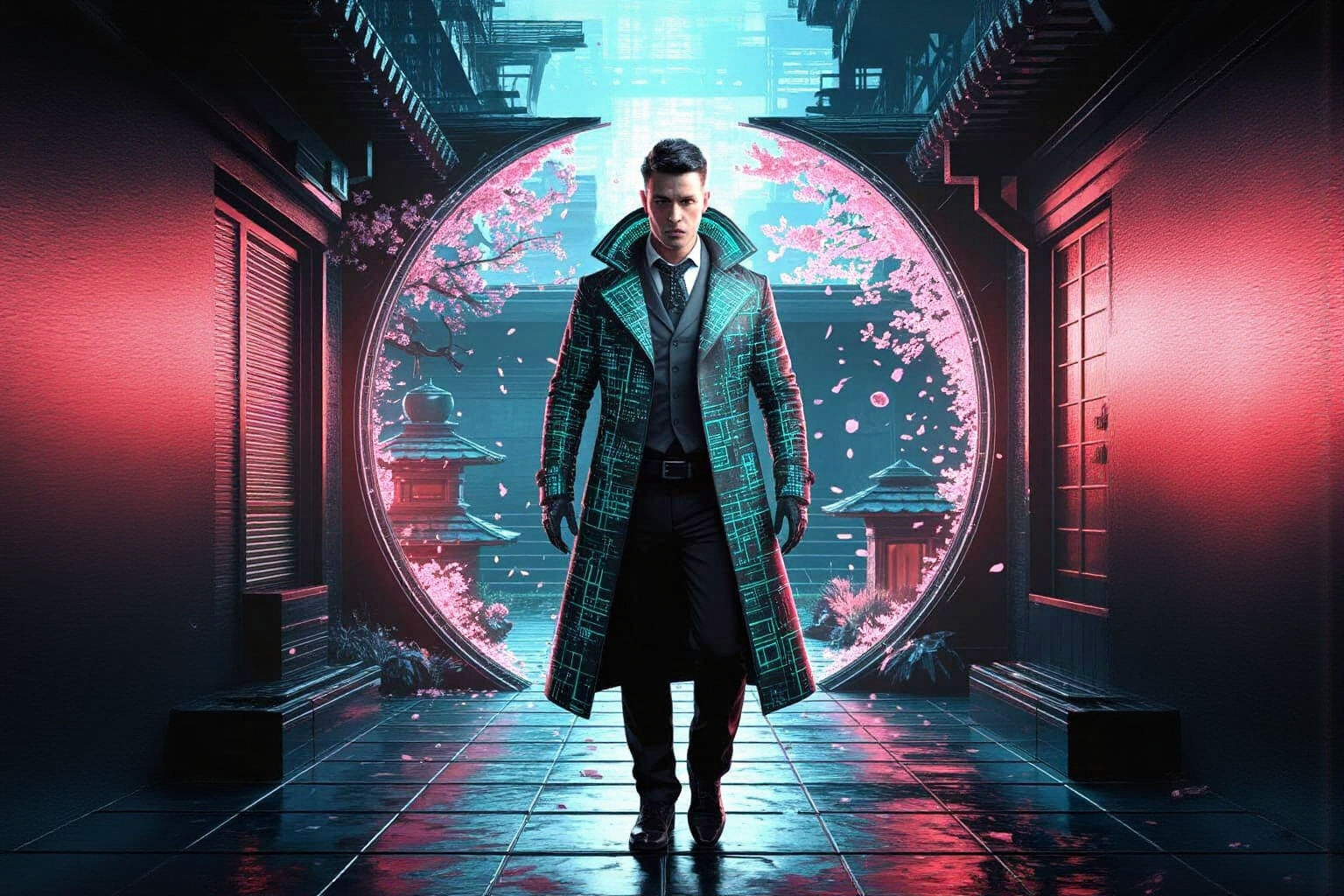 Cyberpunk Detective Emerges from Portal into Zen Garden