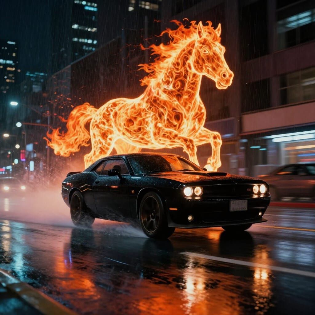 Dodge Challenger Speeds Down Neon Street With Fiery Stallion