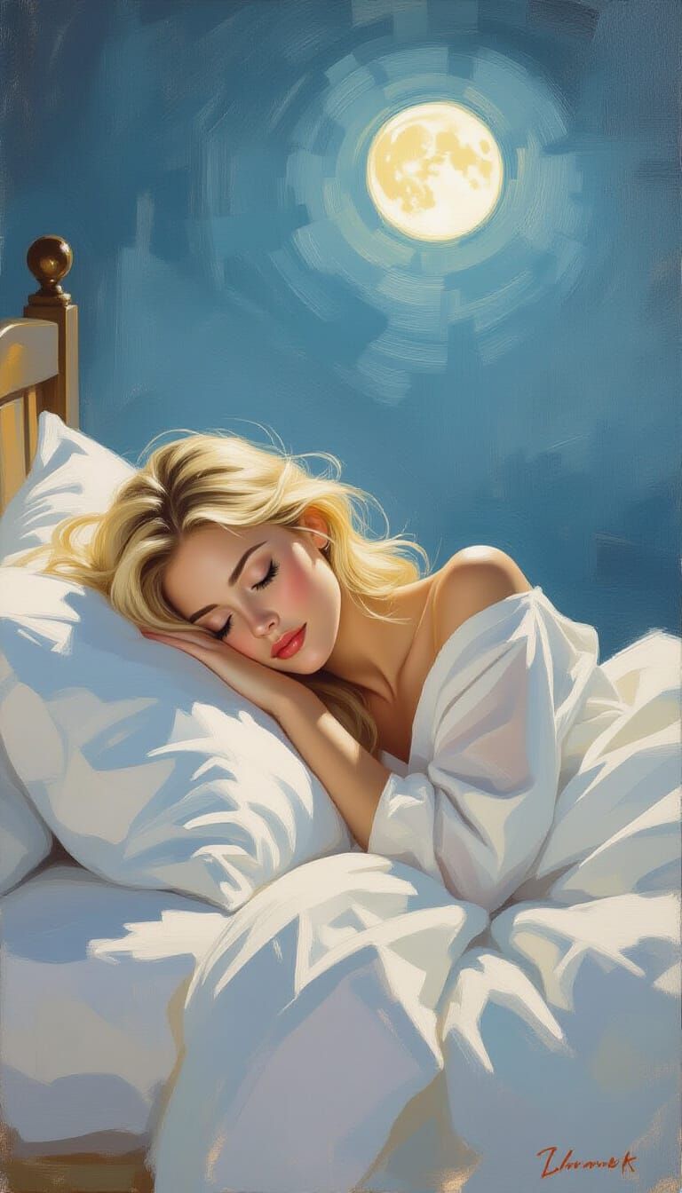 Peaceful Blonde Woman Sleeping in Moonlight Bedroom