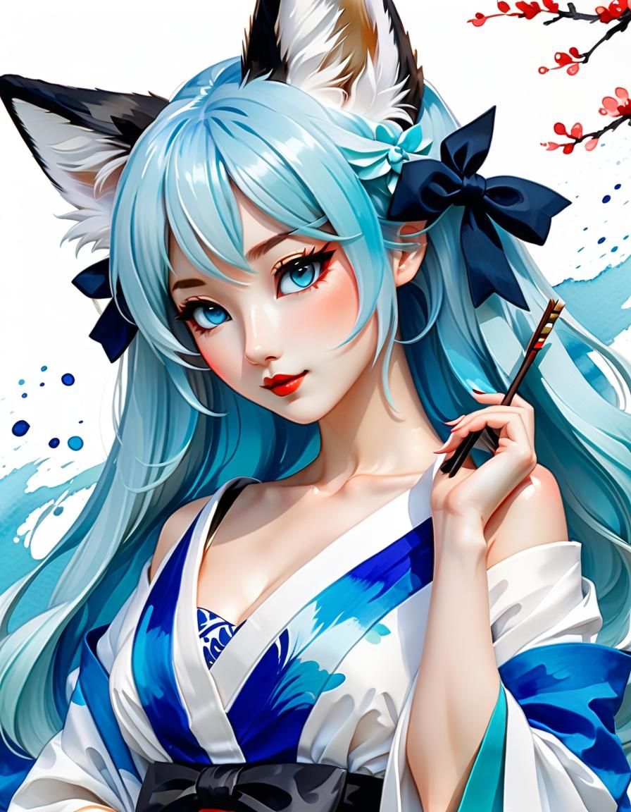 Cute Chibi Kitsune Girl in Gouache Watercolor Style