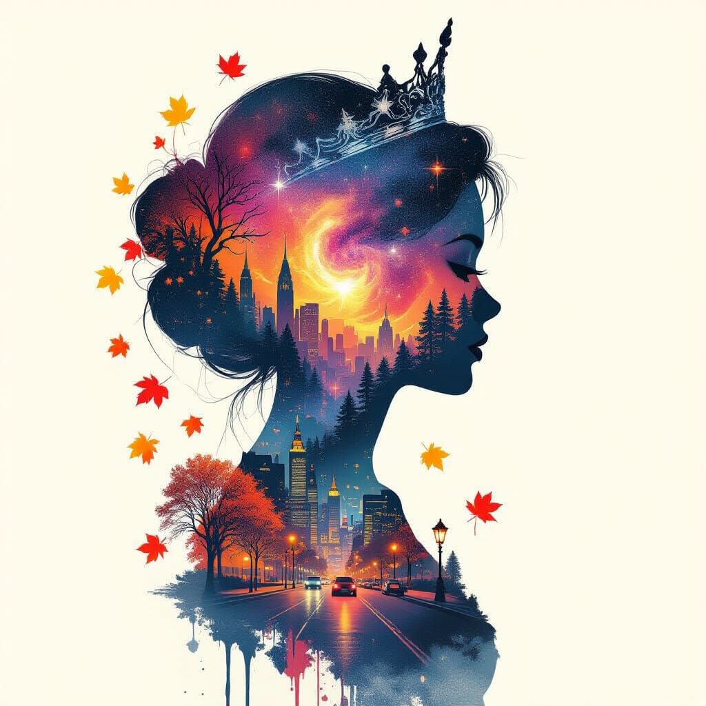Princess Silhouette Filled with Galaxy and Surreal Cityscape