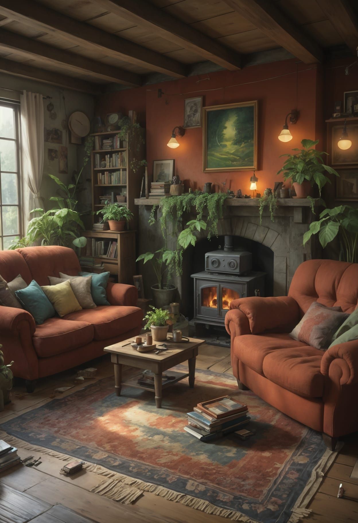 Cozy Living Room Scene in Vibrant Triadic Colors