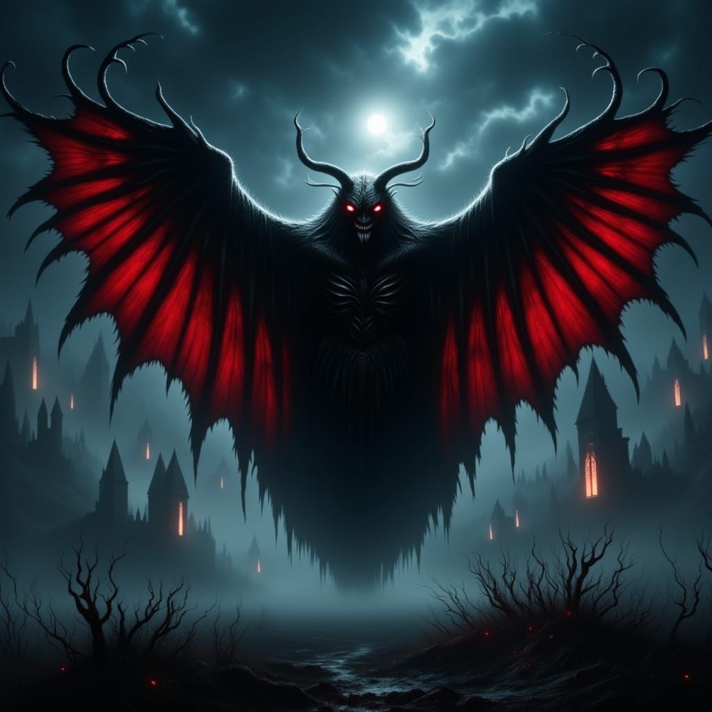 Creepy Mothman monstrosity lurking in your nightmares at twilight. <lora:Redlit Flux:1.0><lora:Dark n Detailed Flux:1.0>