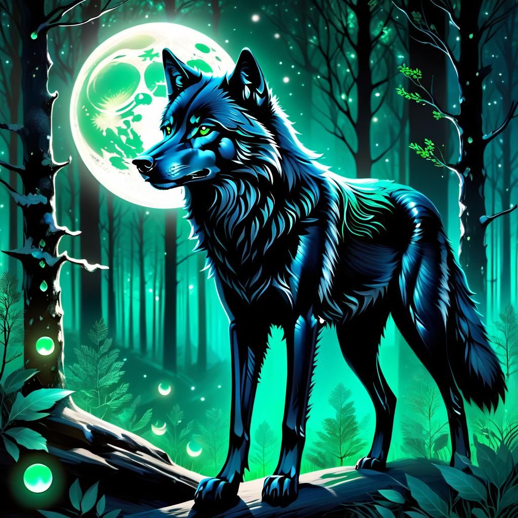 Enchanting Black Wolf with Jade Eyes in Moonlit Forest