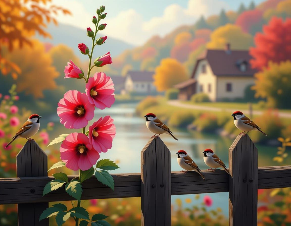 Dark Red Hollyhocks Beside Rustic Fence with Sparrows