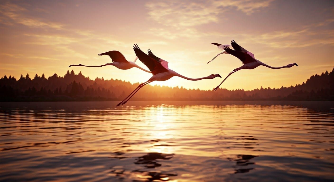 Surreal Flamingos in Macabre Sunset Flight