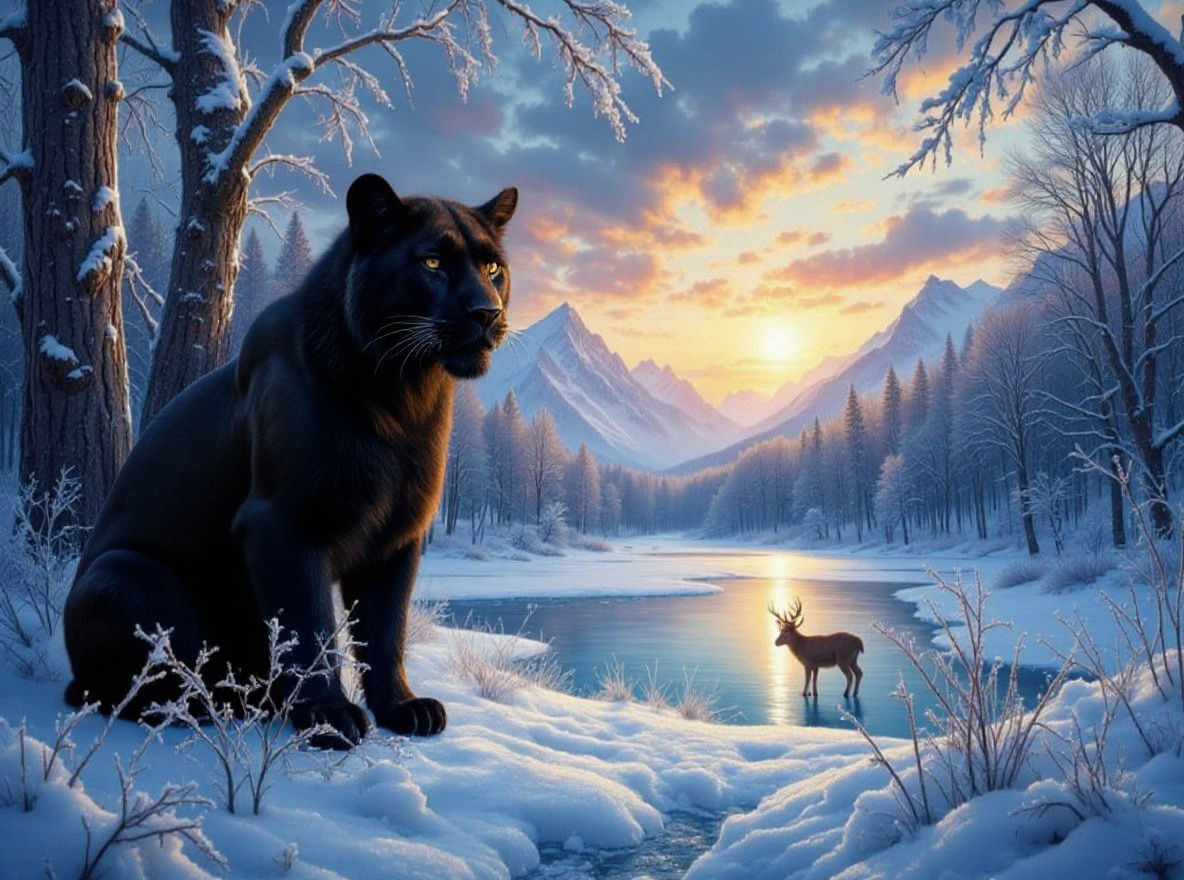 Mountain Lion Watches Deer on Frozen Lake Under Multicolored...