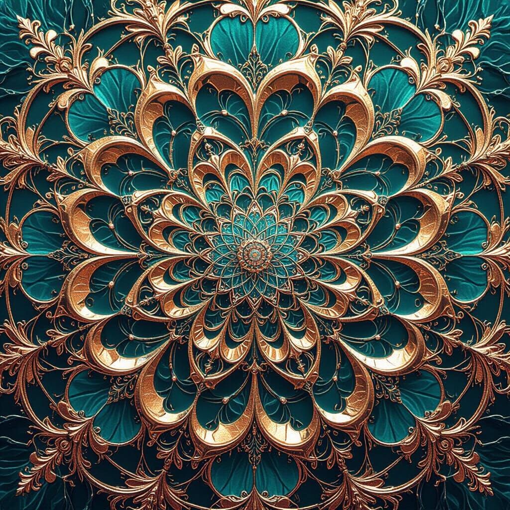 Teal, Gold and Pink Fractal Mandala Design